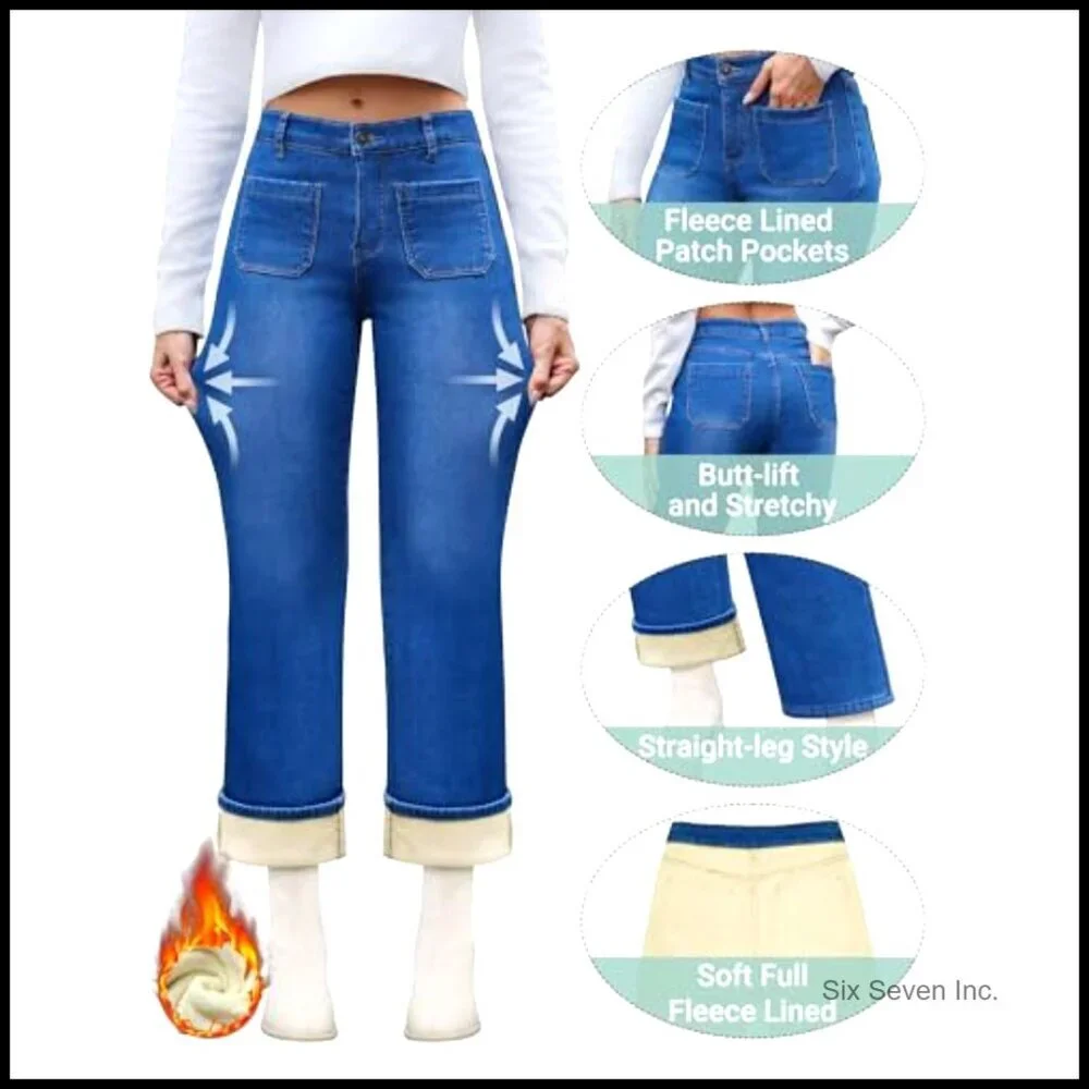 Fleece Lined Straight Leg Jeans High Waist Winter Denim Pants Women